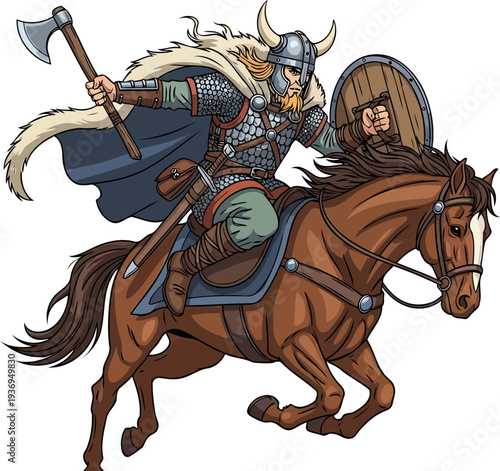 Brave viking chieftain riding a galloping brown horse while holding an axe and shield