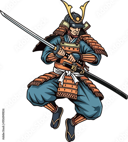 Bushi warrior in blue and orange armor executing a jumping sword attack