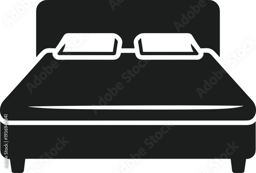 Bed silhouette icon with pillows and mattress vector bedroom furniture symbol isolated on dark background for home interior and hotel design