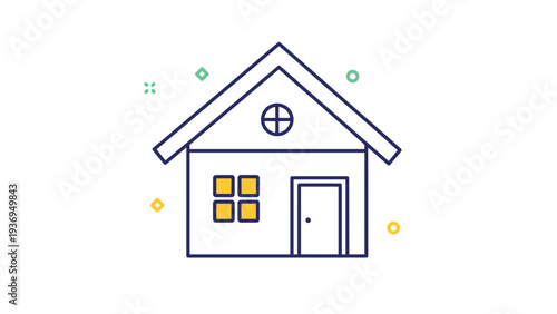 Minimalist house outline illustration with yellow windows and a blue roof features colorful decorative geometric shapes on a white background.