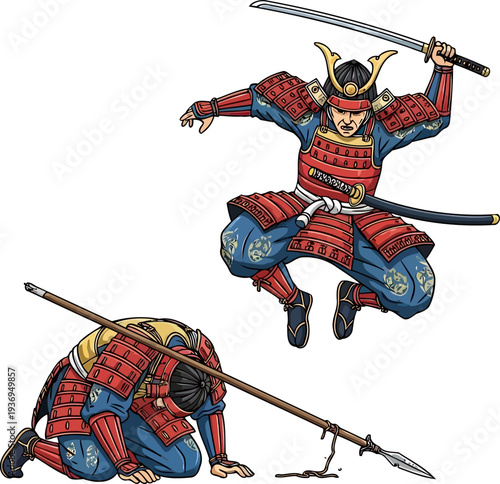 Bushido master jumping to strike a fallen opponent with a katana