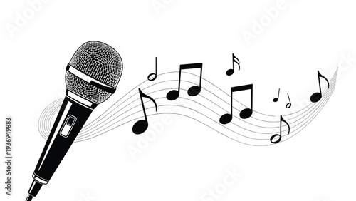 Classic black microphone is surrounded by floating black musical notes and staff lines to symbolize singing, music, and performance art.