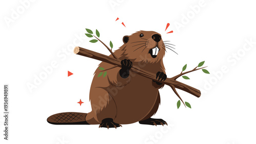 Industrious cartoon beaver holds a wooden tree branch in its paws as it prepares to build a dam in this lively wildlife illustration on white.