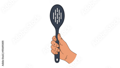 Human hand holds a black plastic slotted spoon upright against a plain white background in a simple illustration related to cooking and kitchen tools.