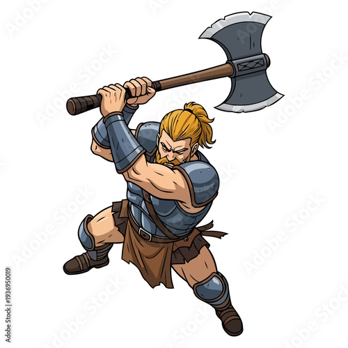 Fierce barbarian warrior swinging a massive double-headed battle axe in a powerful strike