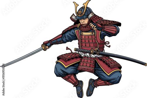 Feudal japanese warrior leaping with a sword in red plate armor