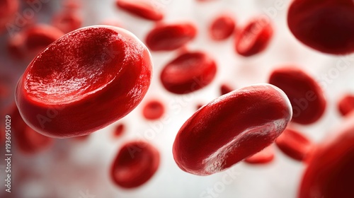 Close-up of red blood cells flowing through a human artery, 3D render of erythrocytes for medical science, hematology research, healthcare background, microscopic view of blood circulation.