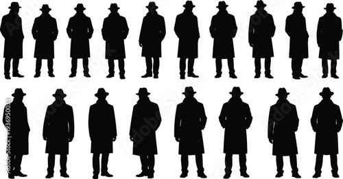 Black silhouettes of men in trench coats and fedora hats standing in various poses isolated on a clean white background