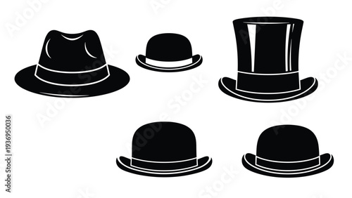 Collection of five classic black hat styles includes designs like the top hat, fedora, and bowler for vintage men fashion and formal concepts.