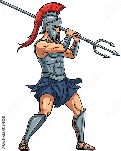 Gladiator fighter brandishing trident in arena stance