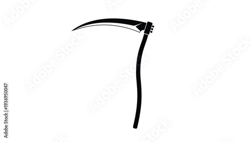 Solid black silhouette of a traditional scythe with a curved blade and long handle is presented on a white background for harvest or symbolic themes.