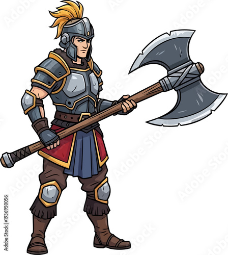 Heavy armored warrior carrying a large double-headed battle axe