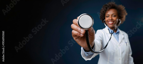Wide-Angle forced perspective close-up of doctor's hand holding stethoscope in a medical setting with a dark background creating a strong focus on the healthcare professional.
