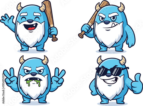 Cute blue yeti monster cartoon character set, abominable snowman mascot with baseball bat and sunglasses, winter forest creature vector illustration,