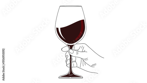 Elegant hand holds a tall wine glass filled with deep red wine against a clean white background as a refined illustration for dining themes.