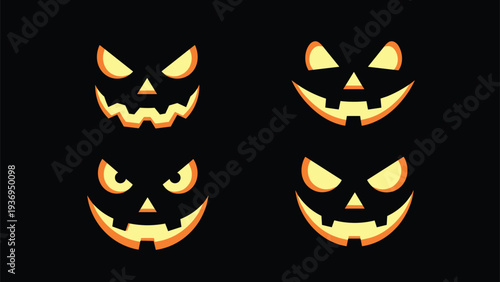Set of four glowing orange jack-o-lantern faces with various expressions like scary and happy is depicted against a solid black background.