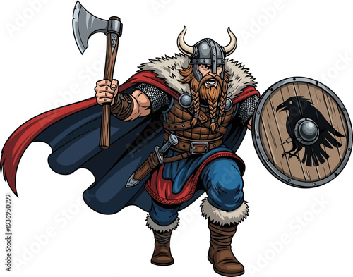 Fierce viking warrior charging forward with a battle axe and raven shield