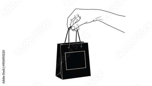 Human hand holds a small black paper shopping bag with handles against a plain white background in this minimalist illustration.