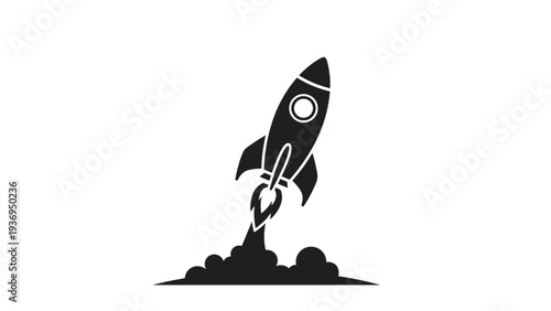 Stylized black rocket ship icon blasting off with smoke and flames against a white background represents a startup or launch.