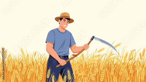 Smiling farmer wearing a straw hat harvests golden wheat in a vast field using a traditional long-handled scythe during the summer season.