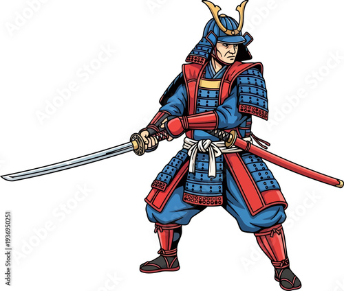 Japanese ronin in blue armor holding a katana in a ready combat stance