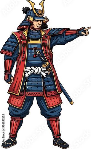 Japanese samurai commander pointing direction in traditional blue and red armor