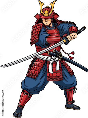 Japanese samurai warrior in red armor wielding a katana sword