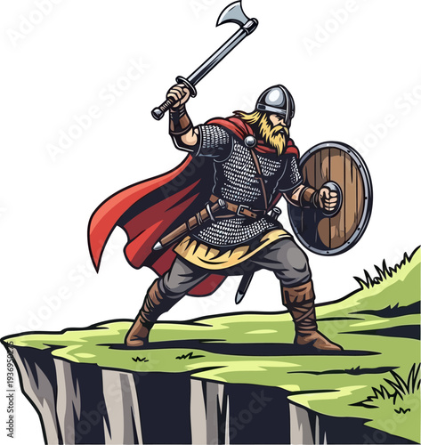 Highland viking with a red cloak standing on a cliff edge