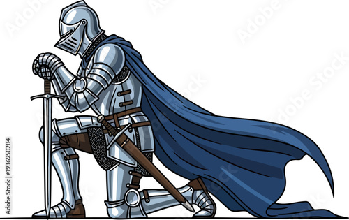 Kneeling crusader in prayer with his sword planted in the ground