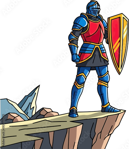 Knight in decorative blue armor standing on high cliff edge
