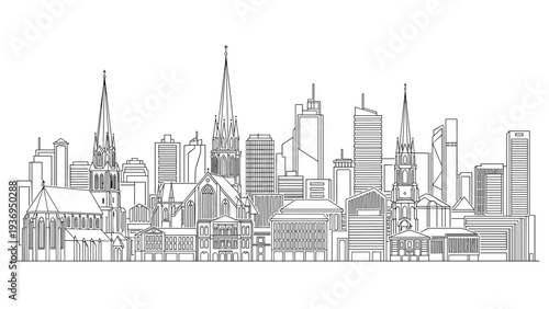 Detailed black and white line drawing illustration features a complex city skyline with skyscrapers and various architectural styles.