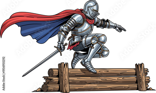Knight errant leaping over logs with silver sword