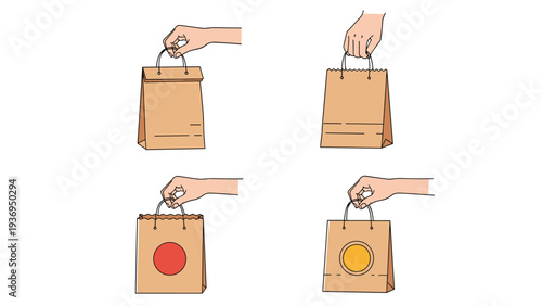 Collection of four illustrations depicts human hands holding various styles of brown paper takeaway bags with different handle designs.