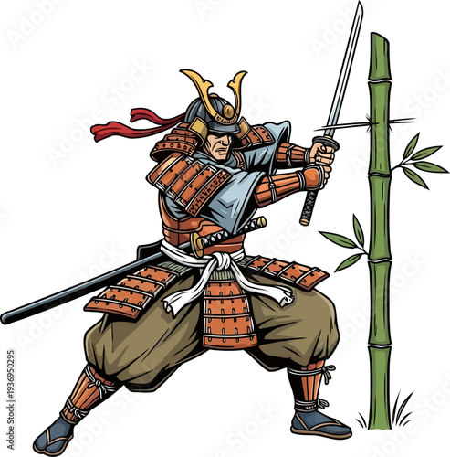 Katana practitioner cutting a bamboo stalk with a precise strike