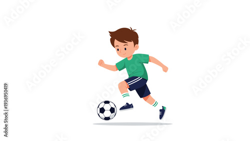 Energetic young boy in a green jersey and blue shorts runs and dribbles a black and white soccer ball across a white surface.