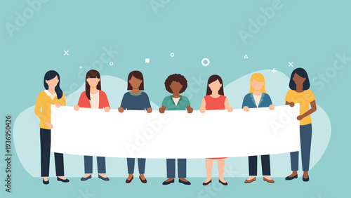 Diverse group of seven women stands together holding a long blank white banner against a light blue background for a protest.