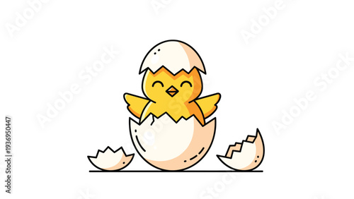 Cute yellow chick with a tiny beak and wings is shown hatching from a cracked white eggshell in this spring-themed illustration.