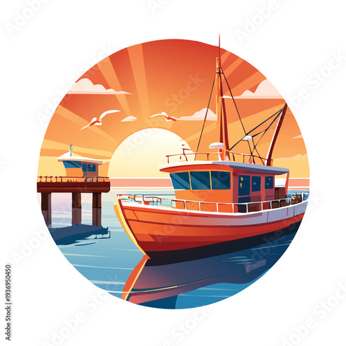 Vibrant fishing boat and pier silhouetted at sunset