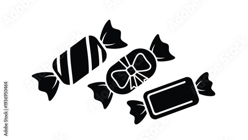 Set of three black and white icons depicts different styles of wrapped candies or sweets against a plain white background.