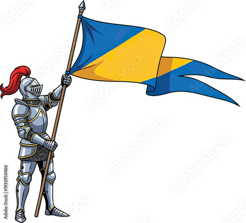 Medieval knight in silver plate armor holding a blue and yellow flag