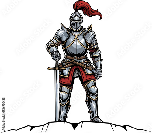 Medieval knight in full plate armor standing with sword on rocky ground