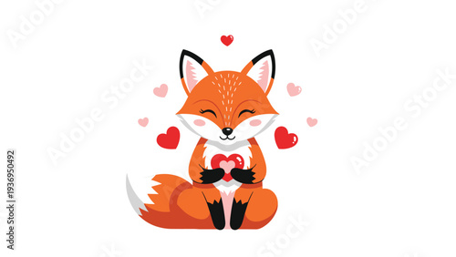 Charming orange fox character sits peacefully while holding a red heart surrounded by several smaller hearts in this design.
