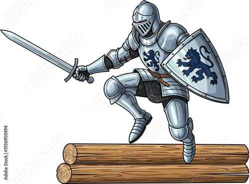 Medieval knight in full plate armor jumping over fallen logs with sword and shield