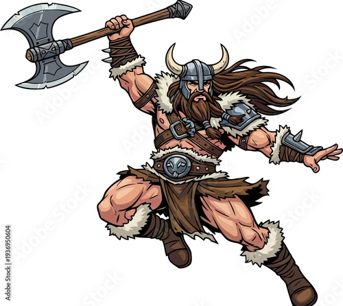Norse berserker jumping through the air with a double-headed axe
