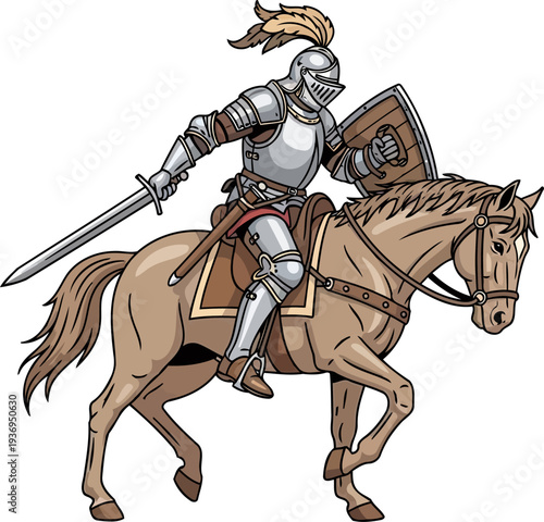Noble medieval knight riding a walking horse while wielding a long steel sword