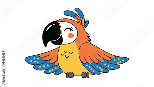 Colorful cartoon parrot with bright orange, yellow, and blue feathers spreading its wings in a friendly and happy pose for tropical theme.