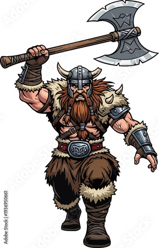Nordic raider charging with double-headed axe raised