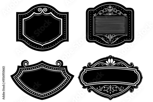 blank antique tavern signs, monochrome engraving style, decorative ironwork borders, aged grunge texture, old European pub aesthetic