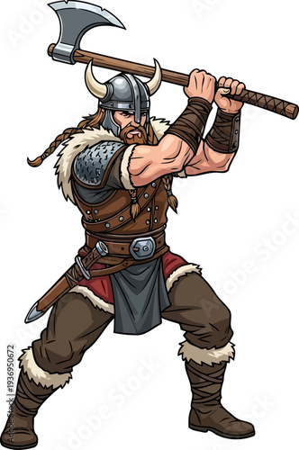 Norse viking raider lifting heavy battle axe above head
