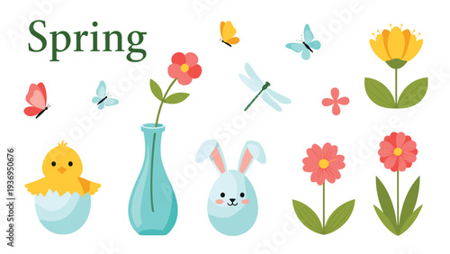Spring themed collection of illustrations including flowers, butterflies, a dragonfly, a bunny, a chick, and a blue glass vase.